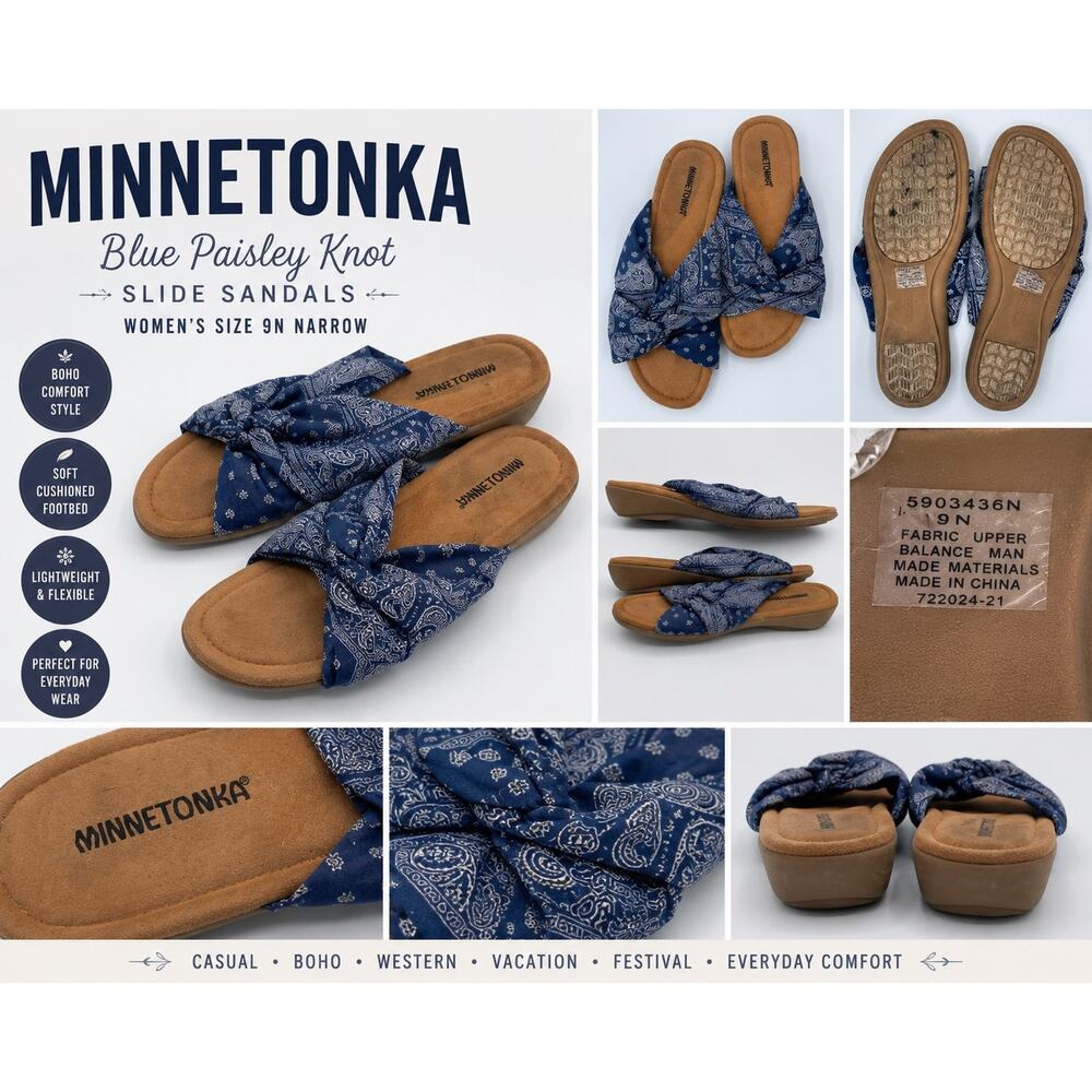 Minnetonka Blue Paisley Knot Slide Sandals Womens Size 9N Narrow Boho Comfort